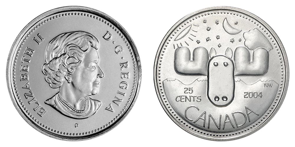 Frente e verso da moeda de 25 centavos do Canadá que usava a fonte Comic Sans. 