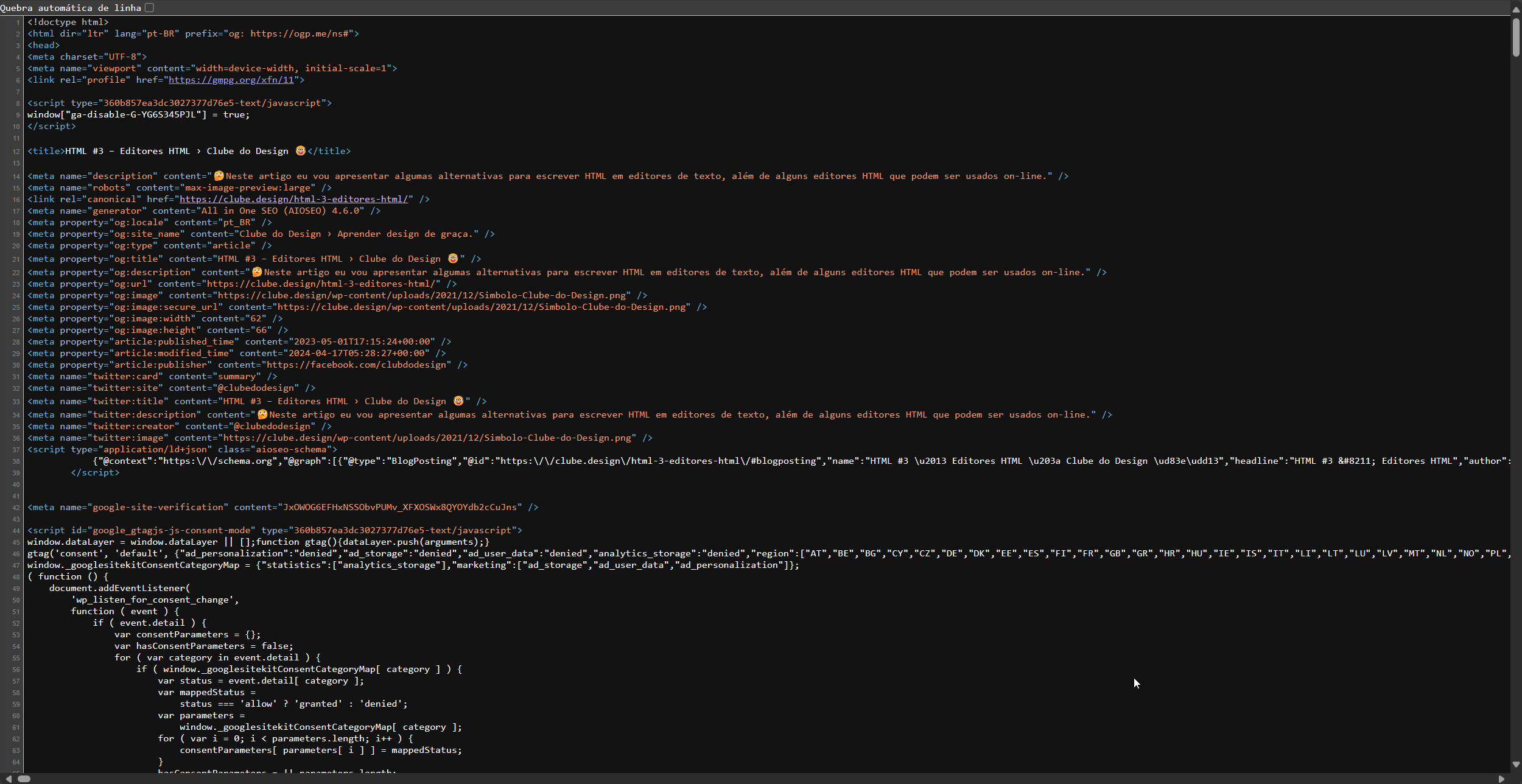 Exemplo de código de página mostrado no navegador